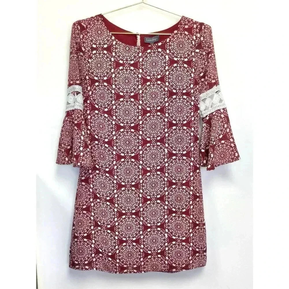 Luxology Womens Damask Tapestry Flared Sleeve Lace Shift Mini Dress‎ Red XS